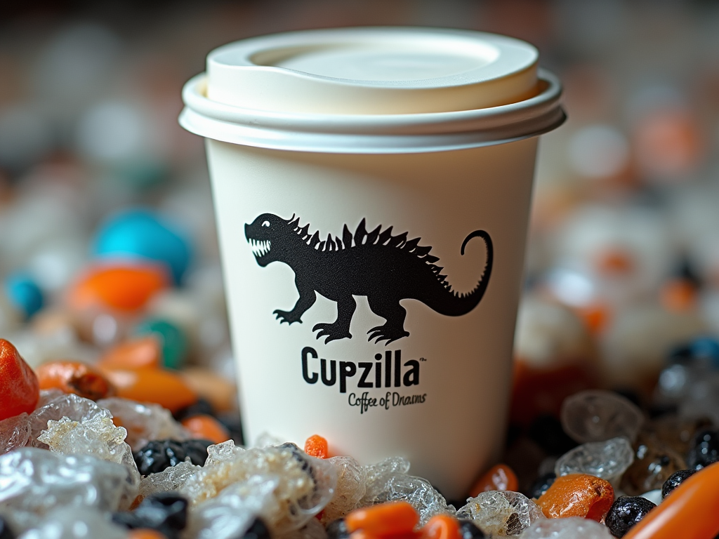 A coffee cup labeled "Cupzilla Coffee of Dreams," featuring a monster logo, is surrounded by colourful plastic beads.